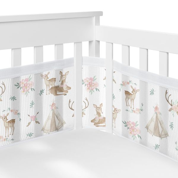 Sweet Jojo Designs + BreathableBaby Woodland Deer Floral Girl Breathable Mesh Crib Liner Anti-Bumper Baby and Infant Blush Pink Mint Green and White Boho Bohemian Watercolor Forest Animal Shabby Chic