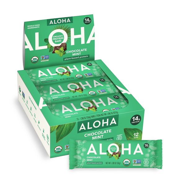 Aloha 12 Bars Plant-Based Protein Bars Box Chocolate Mint Health Snacksr, New