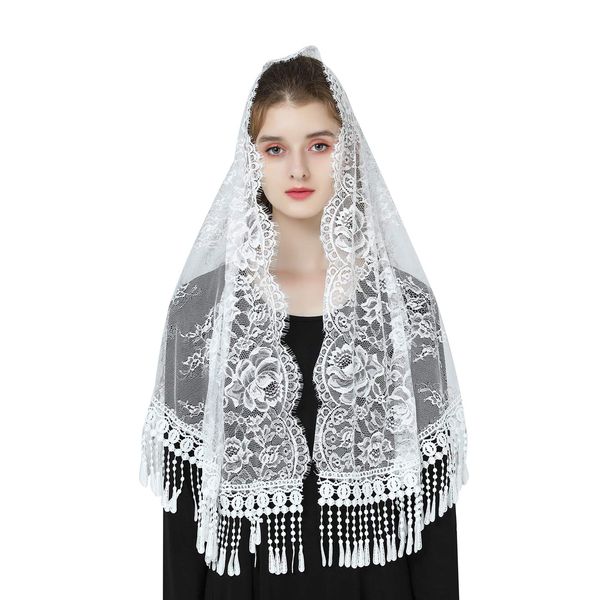 BEAUTELICATE Church Chapel Veil Lace Mantilla Head Cover Embroidered Shawl Scarf With Tassel For Women Catholic Latin Mass Holy Communion Religious Ceremony Wedding