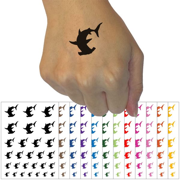 Hammerhead Shark Silhouette Temporary Tattoo Water Resistant Fake Body Art Set Collection - Dark Blue (One Sheet)