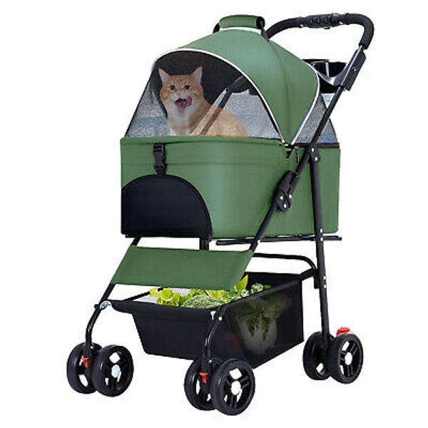 Dog Stroller Pet Travel Carriage 4Wheeler W/Foldable Carrier Cart W/Cup Holder