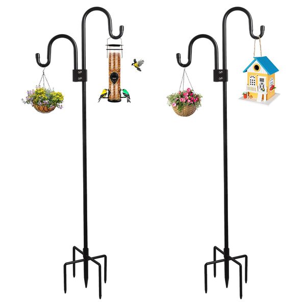 Whonline Double Shepherds Hooks for Outdoor 76 Inches (2 Pack), Bird Feeder Pole Heavy Duty with 5-Prong Base, Two Sided Garden Pole for Hanging Plant Baskets, Solar Lights, Weddings Decor