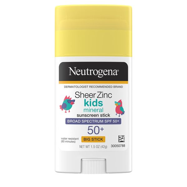 Neutrogena Sheer Zinc Oxide Kids Mineral Sunscreen Stick, Broad Spectrum SPF 50+ & UVA/UVB Protection & Water Resistant with Residue-Free, No-Mess Application, Oil- & Paraben-Free, oz