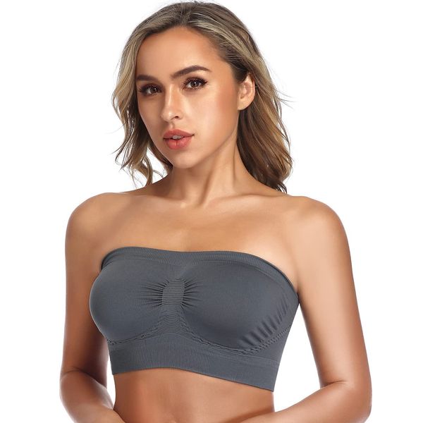 ANGOOL Bandeau Bra Seamless Non Padded Strapless Bra Tube Style Stretch Basic Layer Soft Bralette, Grey, XL Fit 38D 42B 42C