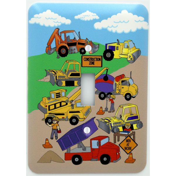 Construction Metal Light Switch Plates Covers/Single Toggle/Construction Trucks Theme with Bulldozers, Tractors, Cement Truck, Steam roller, Crane, and Dump Truck