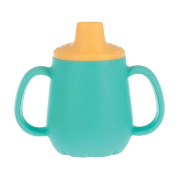 Nuby First Training Cup - Silicone Cup with Free-Flow Spout and Easy-Grip Design - 2 oz - 6+ Months - Yellow and Aqua