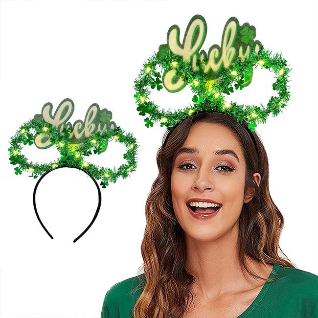 Foyte St. Patrick Day Headband Led Irish Lucky Hiarband Shamrock Light Up Hair Hoop Women Hair Accessories for Holiday Rave Costume