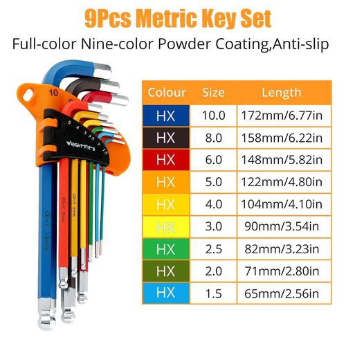 WrightFits Allen Key Set | 9 Pieces Diamond Cut Metric Hex Key set | Color Coded - Long Arm Rubber Coated Hexagon Key -L- Allen keys - Hand Tool - 1.5mm to 10mm (Metric)