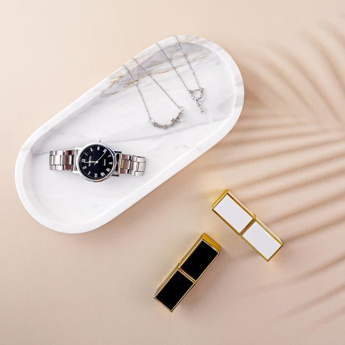 N NANSHOP Natural Marble Bathroom Vanity Tray for Non-Slip Bathroom Organizer Travertine Tray Countertop Decor for Makeup, Jewelry, Marble Coffee Table,Perfumes White (NS009)