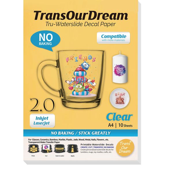 TransOurDream Tru-Waterslide Decal Paper Clear 2.0 A4 10 Sheets Printable Water Transfer Paper for Inkjet & Laser Printers,Water Slide Decals Transparent for Mugs,Tumblers, Candles，DIY Glasses