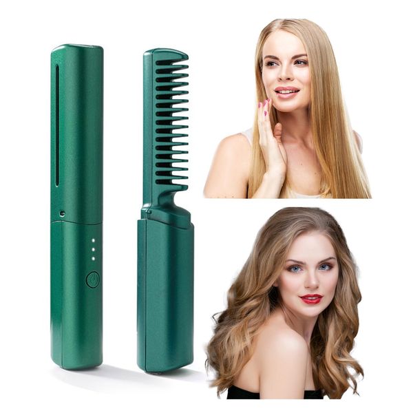 Cordless Hair Straightener for Women Girls, Portable Hair Straightening Ceramic Iron Multiple Plates Teeth Rechargeable Fast Heating Straightener Comb with U-Shaped Anti-Scald Frame (Green)