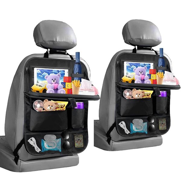 Meirenda 2 Pack Car Backseat Organizer with Foldable Food Tray, Multi-Pocket Multifunctional Hanging Car Storage Organizer Bag with Tablet Holder, Kids Car Kick Mats Seat Back Protector for Travel