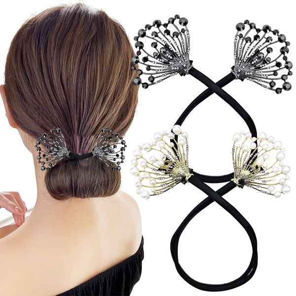 2 PACK Rhinestone Pearl Hair Bun Maker, Elegant Lazy Hair Curler, Crystal Hair Bun Maker, French Hairstyle Twist Bun Maker, Elegant Hair Accessories For Women Girls