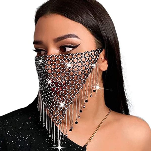 Yovic Sparkly Rhinestones Mesh Masks Black Crystal Face Mask Masquerade Mask Halloween Party Nightclub Rave Face Cover for Women and Girls (Black)