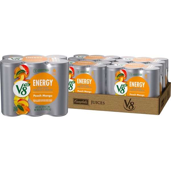 V8 +ENERGY Peach Mango Energy Drink Made with Real Vegetable and Fruit Juices, 8 FL OZ Can (4 Packs of 6 Cans)