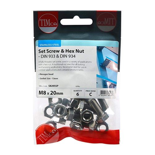TIMCO M8 x 20 Hexagon Setscrew & Hex Nut - Stainless Steel A2- Pack of 6
