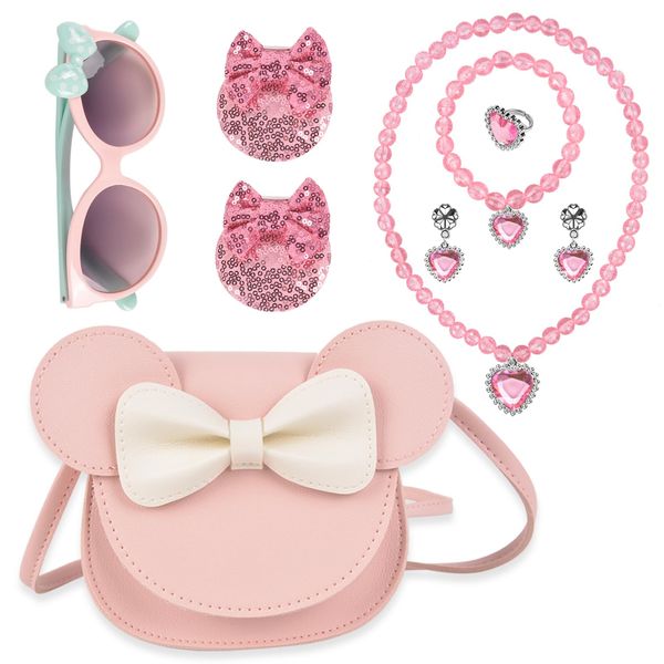 QZUnique Little Mouse Ear Bow Crossbody Purse Set, Mini Shoulder Bag with Jewelry Set Hair Clip Sunglass, PU Coin Purse Handbag Dress Up Gift for Kids Girls Toddlers, 7 Pack