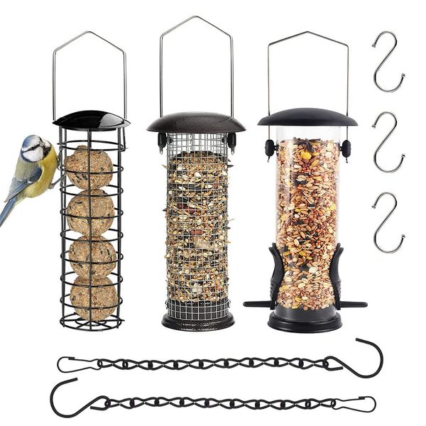 Bird Feeders Hanging,Wild Birds Feeders Mesh Feeding Stations with Steel Hooks Hangers, Metal Bird Feeder for Garden, Hanging bird feeder set + BONUS 3pcs Hooks and 2pcs Hanging Chain（Set of 8）