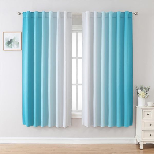 MIUCO Blackout Curtains & Drapes for Bedroom Living Room 63 Inch Length Turquoise and White Room Darkening Ombre Curtains Rod Pocket & Back Tab Curtains Thermal Insulated Light Blocking 2 Panels Set