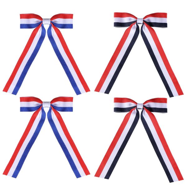 4pcs Patriotic Red White Blue Stripes Long Ribbon Hair Bow Clips for Girls July Fourth Independence Memorial Day Dress outfit Decor Accessories Teens Toddler Kids Back School Gift