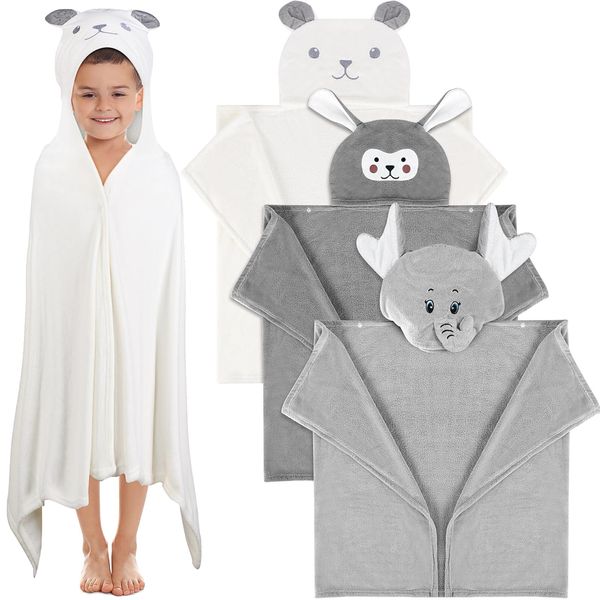 Moukeren 3 Pcs Hooded Towel for Kids 27.5 x 50 Inch Large Size Kids Bath Towel Kids Absorbent Bathrobe Blanket for Kid 3-10 Yrs Boy Girl Shower (White, Dark Gray, Light Gray,Bear, Rabbit, Elephant)