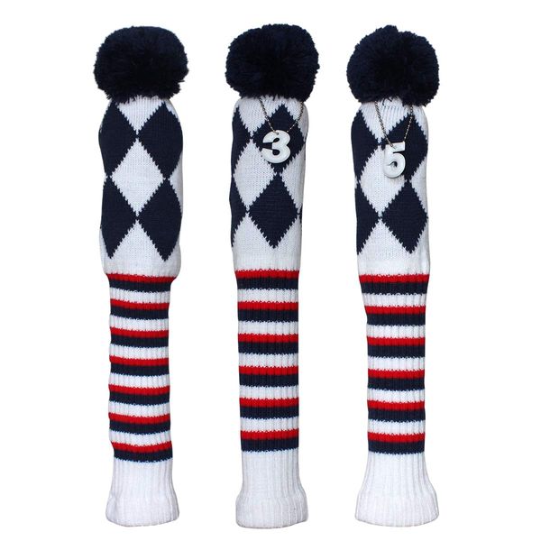 Craftsman Golf 3pcs Blue White Grid Stripe Driver(460cc) Fairway Wood Headcovers (Blue White Red Argyle)