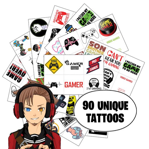 Video Game Party Favors by Lunaborne - Temporary Tattoos for Boys Birthday - 90 Tattoos Pack of 15 - Video Game Birthday Parties