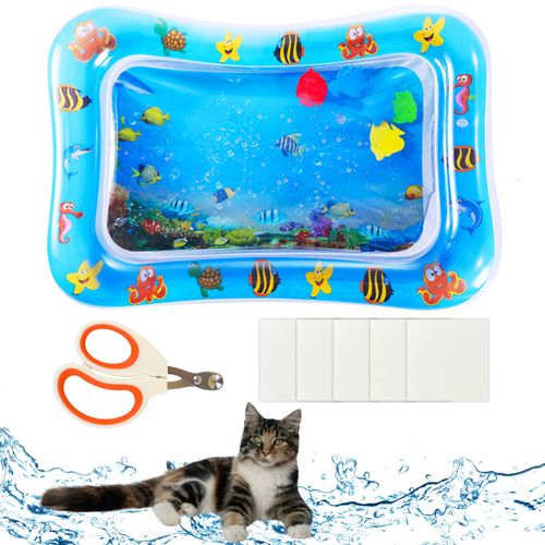 ARefugen Upgraded Cat Water Sensory Mat with Patches Set - Thickened Water Playmat for Cats, Patches, Clipper, Fun Summer Toy for Bored Indoor Cat Self Play Rest Feel Cool Comfort (Rectangle)