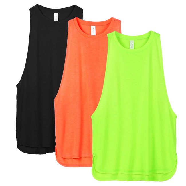 icyzone Damen Sport Tank Top Locker - Yoga Fitness Shirt Atmungsaktive Laufshirt Sport Gym Oberteile, 3er Pack (M, Black/Neon Green/Neon Orange)