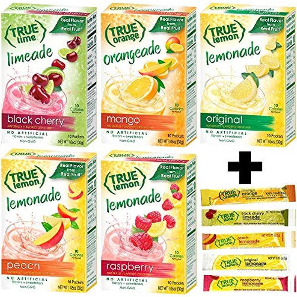 True Lemon Assorted Beverage Pack: (5boxes 10ct each) with 5 FREE BONUS Sticks of Lemonade! True Lemon Original Lemonade, True Peach Lemonade, True Black Cherry Limeade, True Mango Orange and True Raspberry Lemonade. Assorted True Lemonade Drink Mixes.