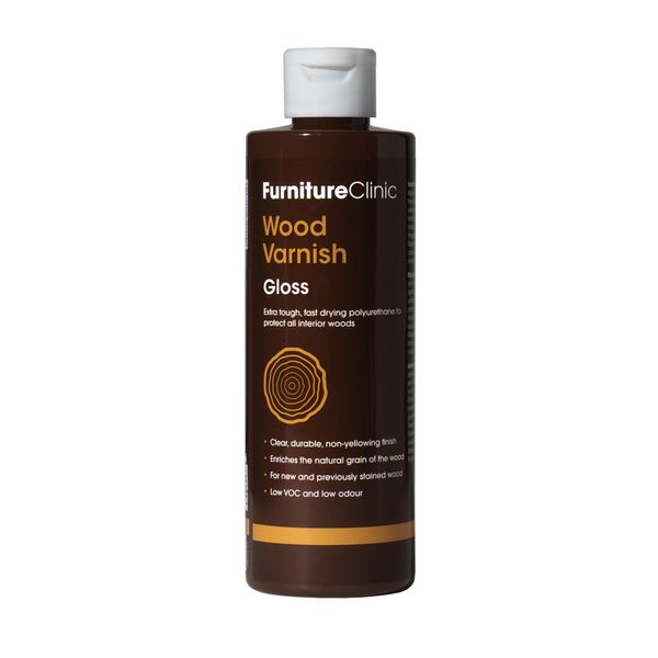 Furniture Clinic Interior Wood Varnish | Polyurethane Topcoat for Waterproofing All Wood Surfaces | Wood Sealer for Wood Furniture, Decks, Marine Use & More | Gloss Clear Coat | 250ml / 8.5 Oz