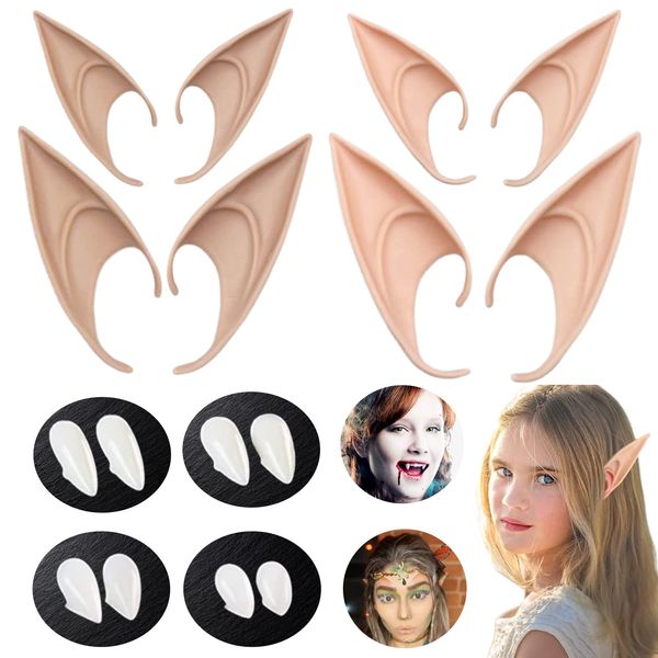 8 Pairs Elf Ears and Vampire Teeth,Cosplay Halloween Party Accessories,Pointed Fairy Ear,Fake Teeth Fangs for Masquerade,Anime Party Dress Up,Christmas Party