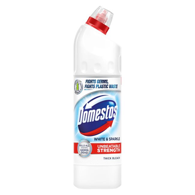 Domestos White & Sparkle Thick Bleach eliminates all known germs disinfectant for a clean, safe home 750 ml