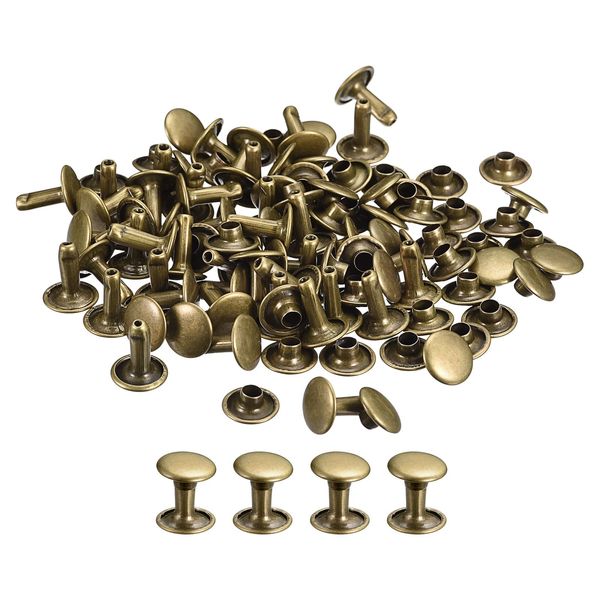 sourcing map 100 Sets Leather Rivets, 9mm Double Cap Rivets 10mm Height Metal Studs Rivet for Leather Craft Repair DIY Purse Belts Bags Shoes, Bronze Tone