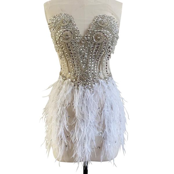 Beautiful Ostrich Fur Decoration Large Full Bodice Applique Pure handsewing Shining Rhinestones Beads lace Trim Patches for Wedding Party Evening Dress Accessories (Silver)