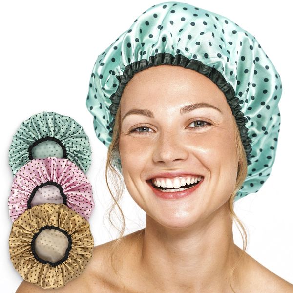 Shower Caps for Women 3 Pack in Different Colors - For Long and Short Hair - Reusable Bath Hair Cap for Ladies, Men and Kids