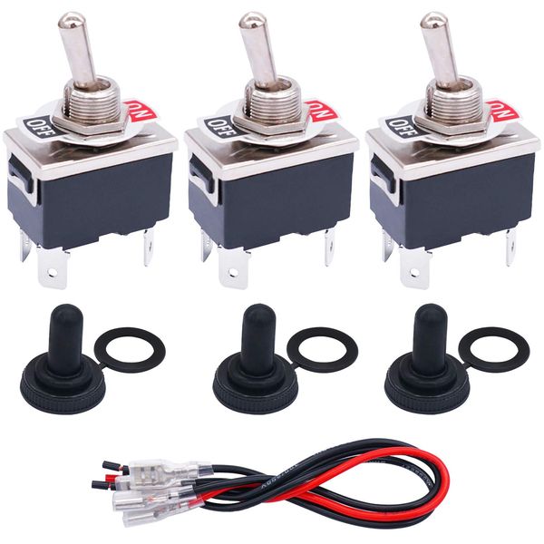 TWTADE 3 Pcs Latching Toggle Rocker Switches 4 Pin 2 Position ON/Off DPST Heavy Duty 16A 250VAC Spade Terminal Metal Boat Switch with Waterproof Boot Cap + 6.3mm Terminal Wires TEN-1221MZX-B201