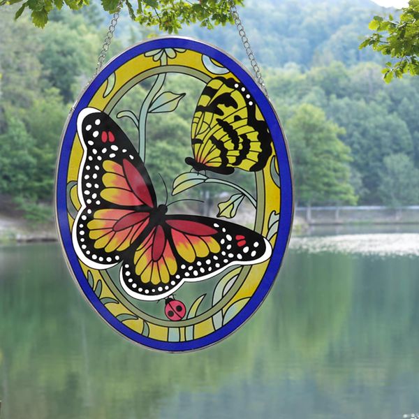 Yonivexis Butterfly Stained Glass Window Hangings Suncatcher Panel with Chain for Wall or Windows, Style 6