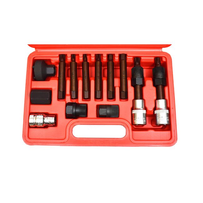 Vector Tools 13Pc Alternator Freewheel Pulley Removal Socket Spline Torx Star Bit Tool Set