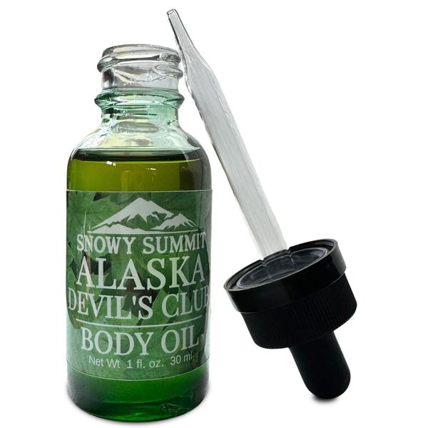 Snowy Summit Alaska Devil's Club Body Oil - Luxurious Body Massage Oil with Devil’s Club, Spruce Tip & Fireweed - Handcrafted Shower Oil from The Alaskan Wilderness - 1 Fl Oz