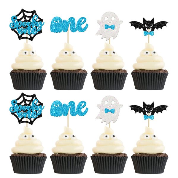 24Pcs Halloween Spooky One Cupcake Toppers Blue Bat Boo Boy First Birthday Cupcake Picks for Halloween Theme Boy Kids First Birthday Party Decorations Supplies