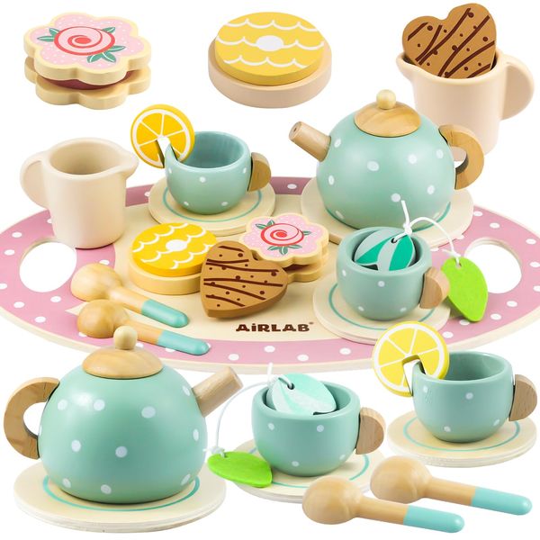 Airlab Wooden Tea Set, Kids Tea Sets for Girls Baby, Tea Party Set for Children, Toddlers Pretend Role Play Kitchen Accessories Toys Food Gift Including Dessert Cookies Cake