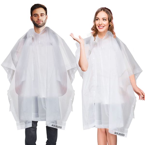 2 pack of Rain Ponchos, Portable Adults Waterproof Ponchos, Reusable raincoat with Hoods for Camping, Hiking Travel, Amusement Parks, Festival Mac (White)