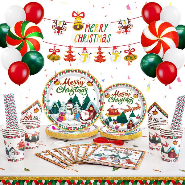 Christmas Party Tableware Set 99pcs Christmas Party Supplies Christmas Party Paper Plates Cups Napkins Table Cloth Xmas Banner Balloons Merry Christmas Party Decorations Supplies for 16 Guests