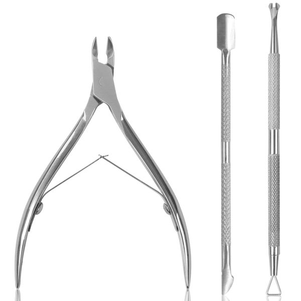 Cuticle Remover Tool Set with Cuticle Cutter and Cuticle Pusher, 3 in 1 Professional Cuticle Remover, Cuticle Scissors, Stainless Steel Nail Care Tool for Manicure and Pedicure