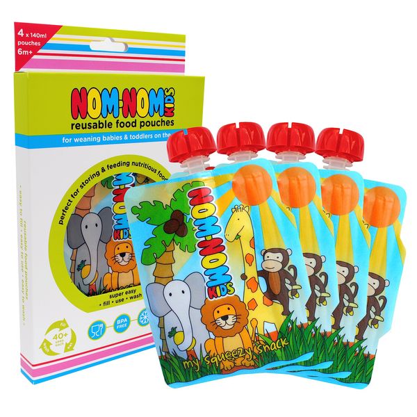 Nom Nom Kids | 4 x Reusable Food Pouches | Baby Food Pouches for Baby weaning | Reusable Yoghurt Pouches | BPA Free | Side Fill | UK Designed