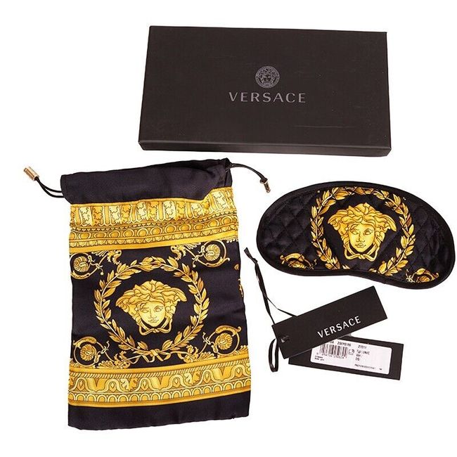 NEW $275 VERSACE Black SILK QUILTED La Coupe des Dieux MEDUSA SLEEP MASK & POUCH