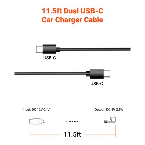 VANTRUE 11.5ft Dual USB-C Car Charger Cable for Dash Cam (N4 Pro / N4 / N5 / N2X / S1 Pro / E1 Pro / E1 Lite / E1 / E2 / E360 / E360 ACE), USB-C Power-Only Charging Cable