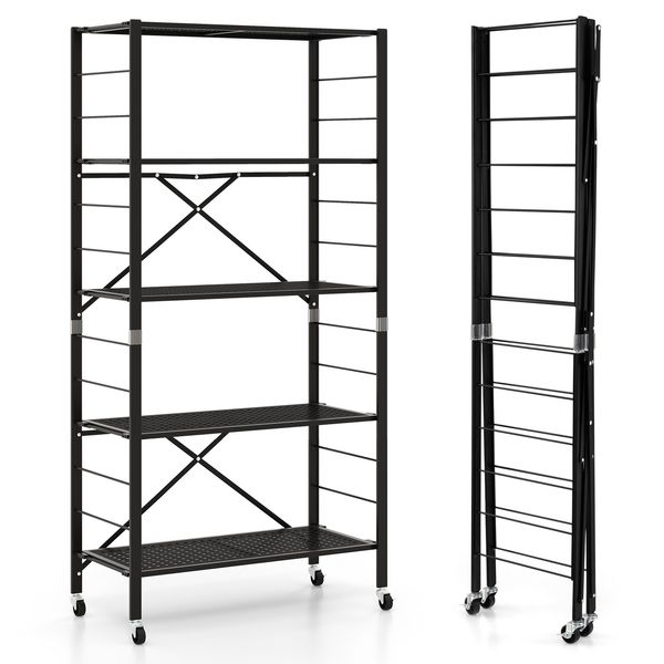Foldable 5-Tier Storage Shelves Adjustable Collapsible Organizer Rack w/ Wheels