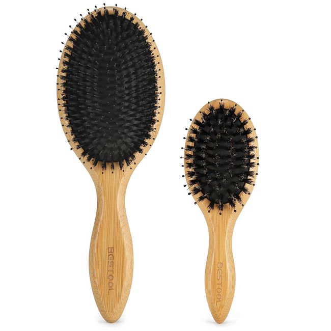 BESTOOL Hair Brush (Regular & Small), Boar Bristle Hair Brushes for Women Men Kids Thick Fine Curly Hair, Hairbrush for Detangling, Soften & Silky Shine